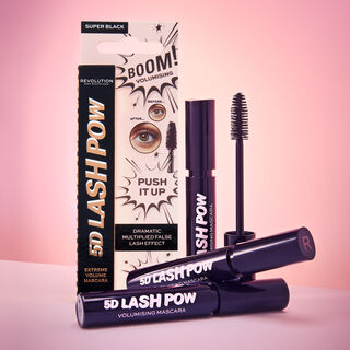 Makeup Revolution 5D Lash Pow Mascara creative image of mascara bottle, brush and packaging
