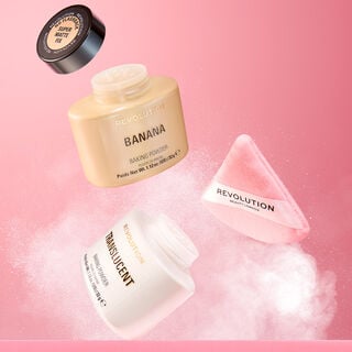 Makeup Revolution Loose Baking Powder creative shot of 2 powders and powder puff